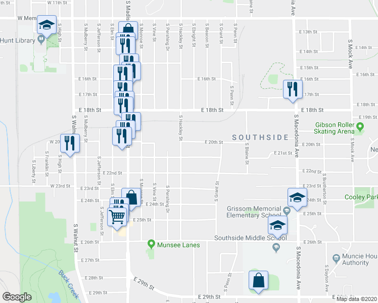 map of restaurants, bars, coffee shops, grocery stores, and more near 916 East 21st Street in Muncie