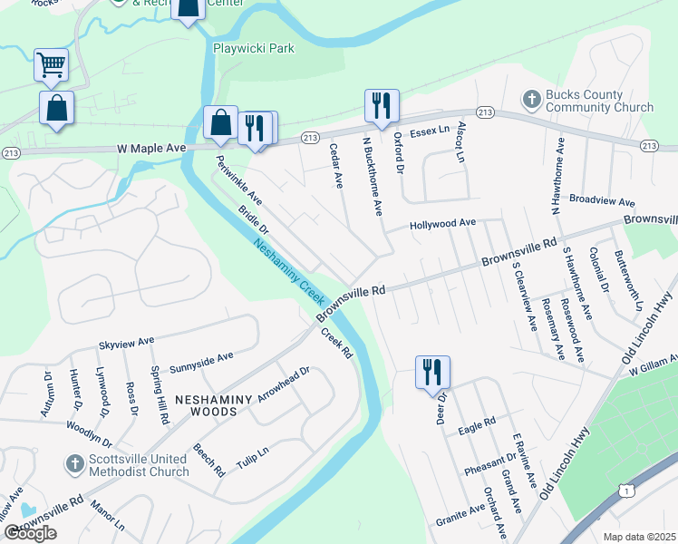 map of restaurants, bars, coffee shops, grocery stores, and more near 249 Periwinkle Avenue in Langhorne