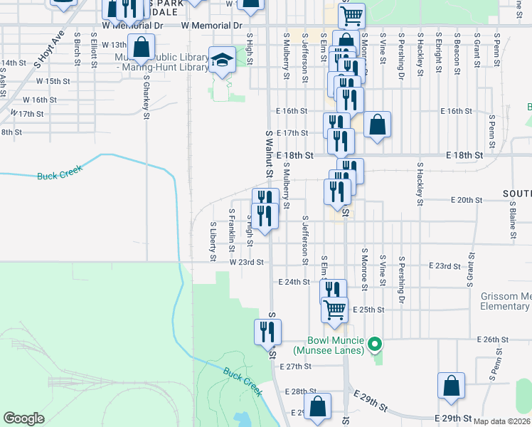map of restaurants, bars, coffee shops, grocery stores, and more near 2704 South Walnut Street in Muncie