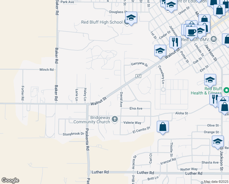 map of restaurants, bars, coffee shops, grocery stores, and more near 1790 Walnut Street in Red Bluff