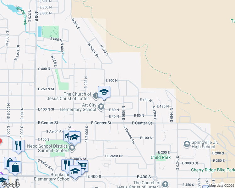 map of restaurants, bars, coffee shops, grocery stores, and more near 1027 East 200 North in Springville