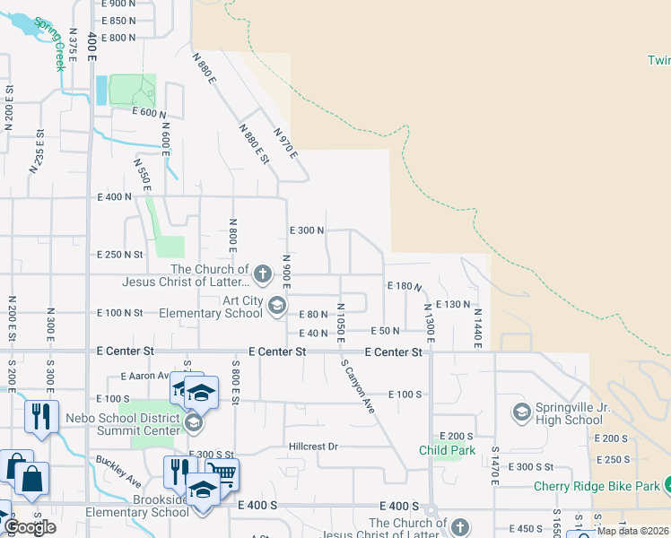 map of restaurants, bars, coffee shops, grocery stores, and more near 1055 East 200 North in Springville