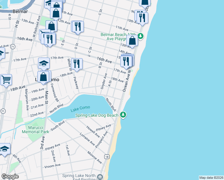 map of restaurants, bars, coffee shops, grocery stores, and more near 110 19th Avenue in Belmar