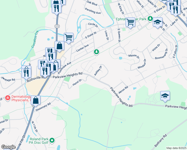 map of restaurants, bars, coffee shops, grocery stores, and more near 104 Ashley Drive in Ephrata