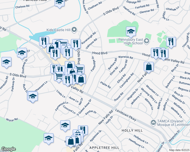 map of restaurants, bars, coffee shops, grocery stores, and more near 621 Saxony Dr in Fairless Hills