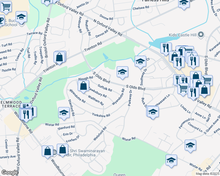 map of restaurants, bars, coffee shops, grocery stores, and more near 225 Suffolk Road in Fairless Hills