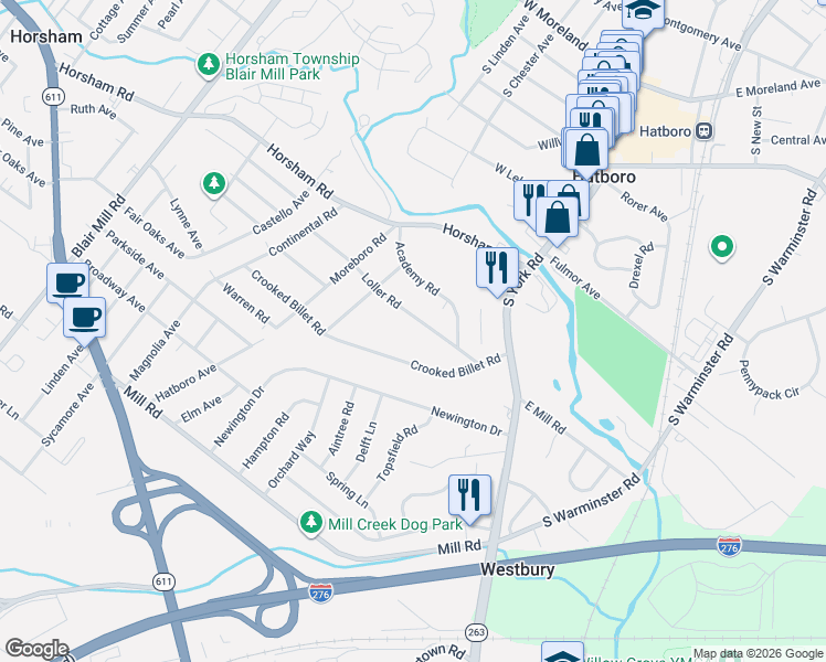 map of restaurants, bars, coffee shops, grocery stores, and more near 108 Loller Road in Hatboro