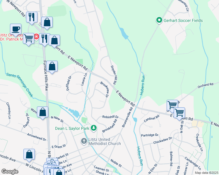 map of restaurants, bars, coffee shops, grocery stores, and more near 40 Brookview Drive in Lititz
