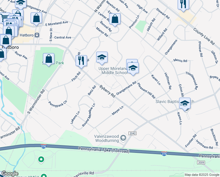 map of restaurants, bars, coffee shops, grocery stores, and more near 2800 Country Lane in Hatboro