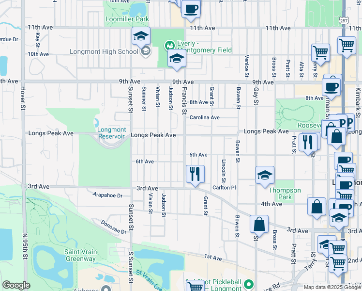 map of restaurants, bars, coffee shops, grocery stores, and more near 435 Francis Street in Longmont