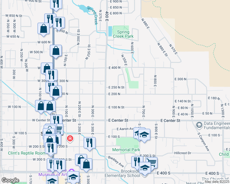 map of restaurants, bars, coffee shops, grocery stores, and more near 462 East 250 North in Springville