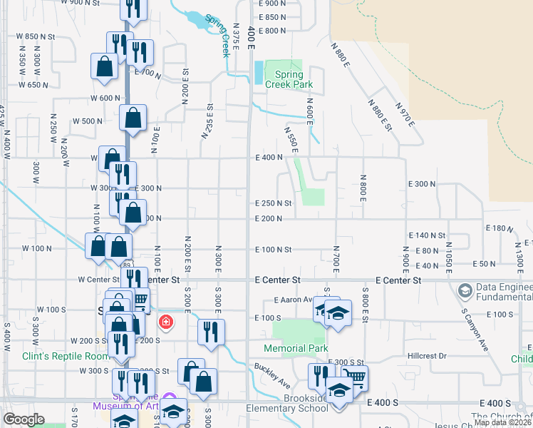 map of restaurants, bars, coffee shops, grocery stores, and more near 462 East 250 North in Springville