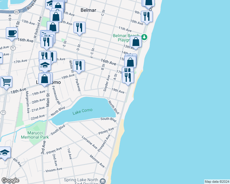 map of restaurants, bars, coffee shops, grocery stores, and more near 110 19th Avenue in Belmar
