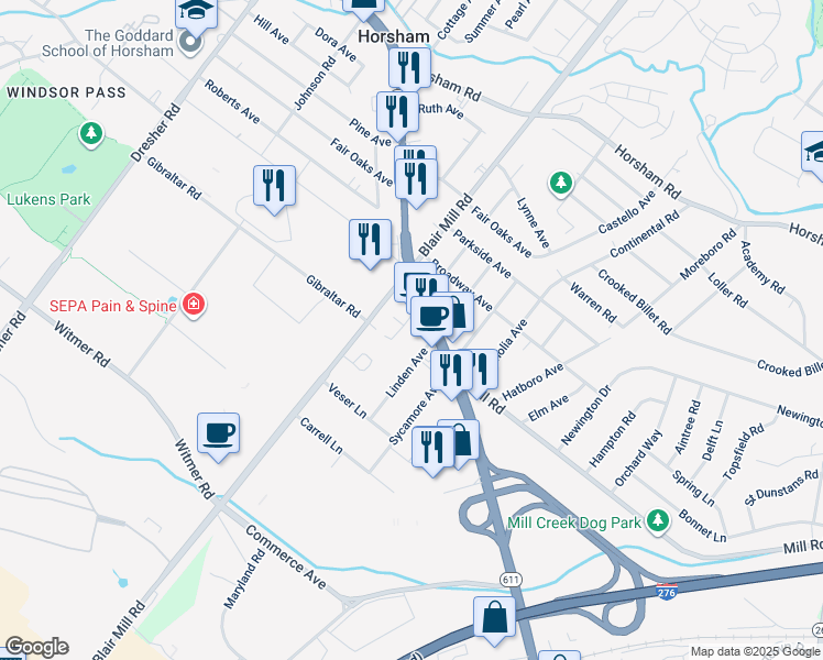 map of restaurants, bars, coffee shops, grocery stores, and more near 2720 Easton Road in Willow Grove