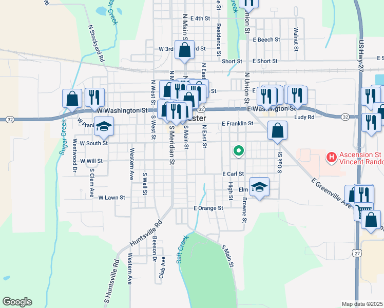 map of restaurants, bars, coffee shops, grocery stores, and more near 315 South Main Street in Winchester