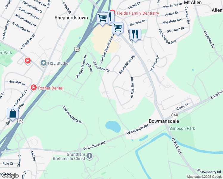 map of restaurants, bars, coffee shops, grocery stores, and more near 102 Round Ridge Road in Mechanicsburg