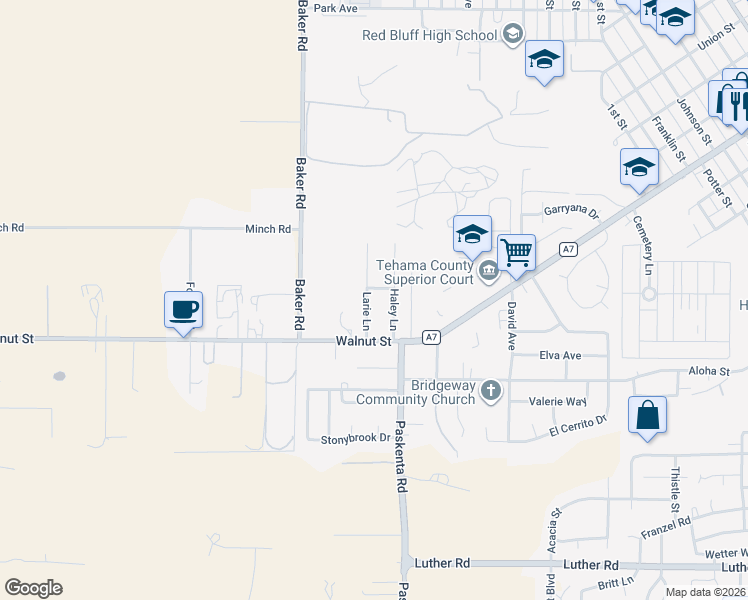 map of restaurants, bars, coffee shops, grocery stores, and more near 675 Larie Lane in Red Bluff