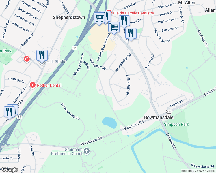 map of restaurants, bars, coffee shops, grocery stores, and more near 102 Round Ridge Road in Mechanicsburg