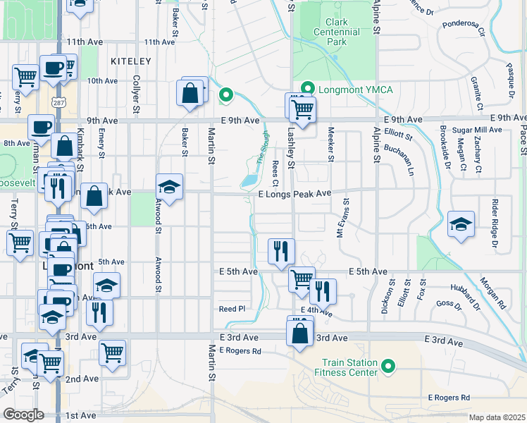 map of restaurants, bars, coffee shops, grocery stores, and more near 114 Saint Clair Avenue in Longmont
