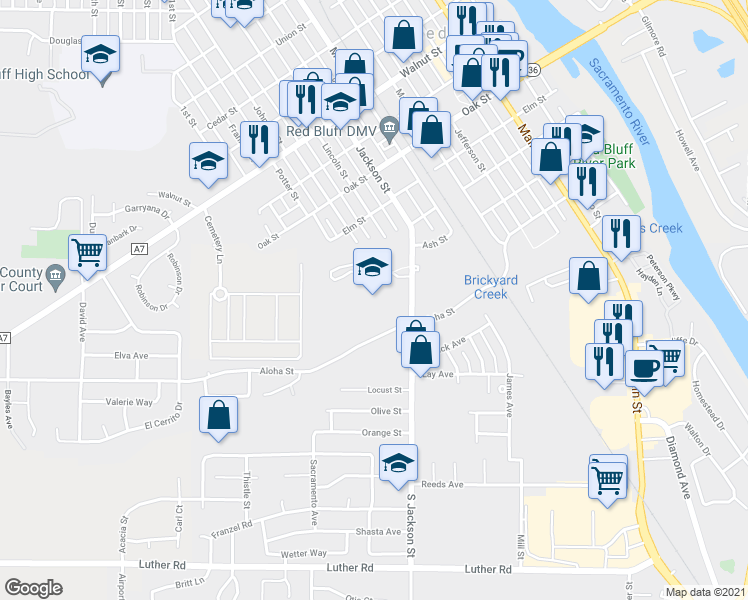 map of restaurants, bars, coffee shops, grocery stores, and more near 225 South Jackson Street in Red Bluff