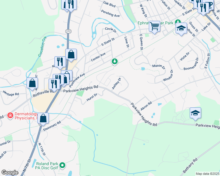 map of restaurants, bars, coffee shops, grocery stores, and more near 104 Ashley Drive in Ephrata