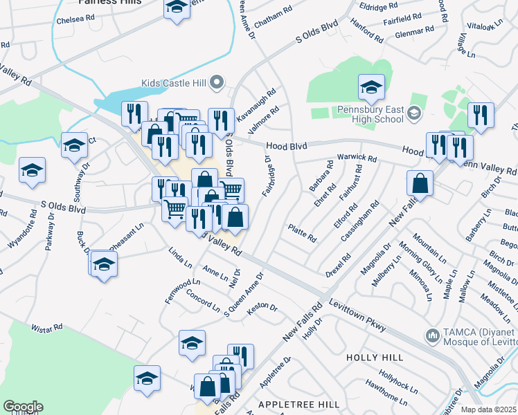 map of restaurants, bars, coffee shops, grocery stores, and more near 726 Fairbridge Drive in Fairless Hills