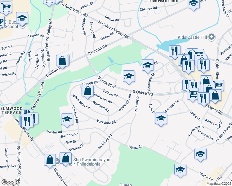 map of restaurants, bars, coffee shops, grocery stores, and more near 225 Suffolk Road in Fairless Hills