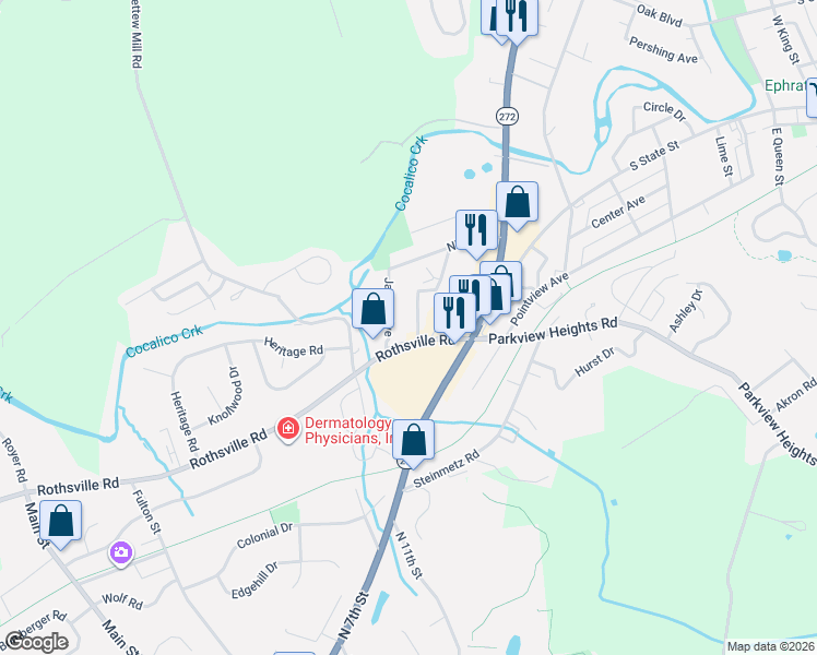 map of restaurants, bars, coffee shops, grocery stores, and more near 1093 Henn Avenue in Ephrata