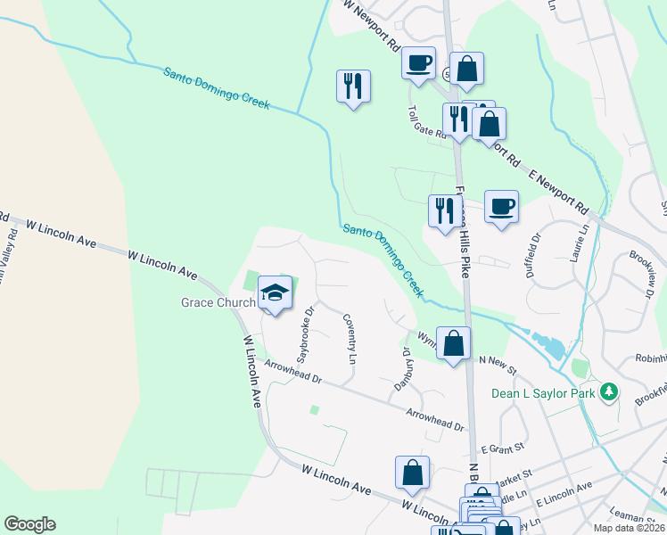 map of restaurants, bars, coffee shops, grocery stores, and more near 136 Moorland Court in Lititz