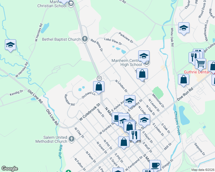 map of restaurants, bars, coffee shops, grocery stores, and more near 208 North Linden Street in Manheim