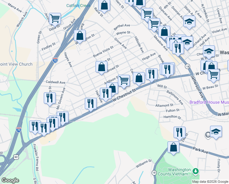 map of restaurants, bars, coffee shops, grocery stores, and more near 105 Baird Avenue in Washington