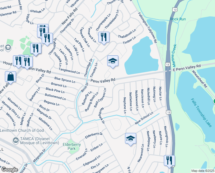 map of restaurants, bars, coffee shops, grocery stores, and more near in Fallsington