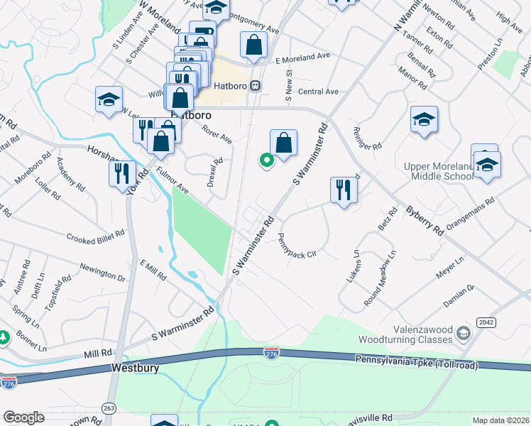 map of restaurants, bars, coffee shops, grocery stores, and more near 330 Station Park Drive in Hatboro