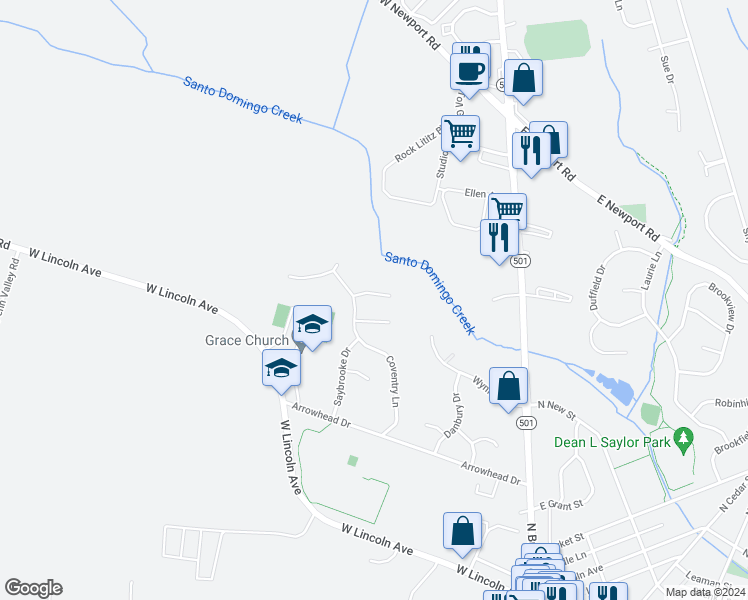 map of restaurants, bars, coffee shops, grocery stores, and more near 114 Moorland Court in Lititz