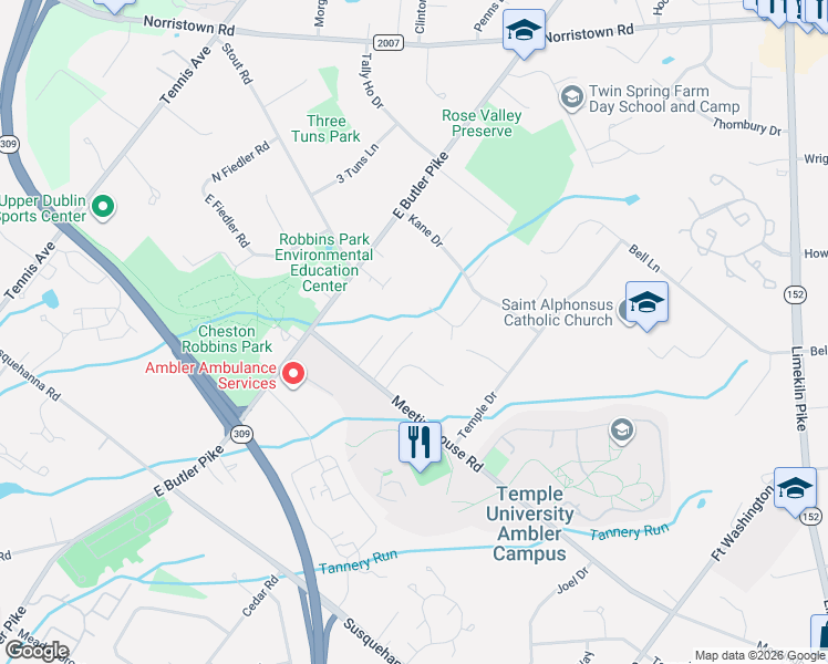 map of restaurants, bars, coffee shops, grocery stores, and more near 430 Meetinghouse Road in Maple Glen