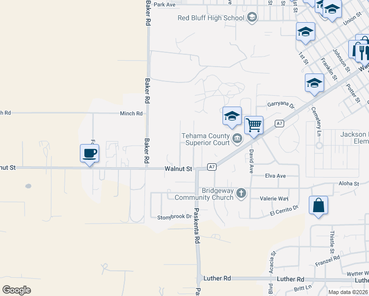 map of restaurants, bars, coffee shops, grocery stores, and more near 675 Larie Lane in Red Bluff