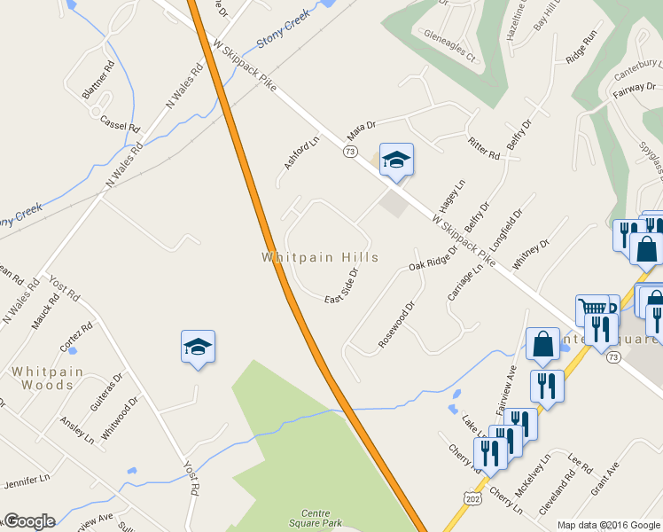map of restaurants, bars, coffee shops, grocery stores, and more near 1612 Whitpain Hills in Blue Bell