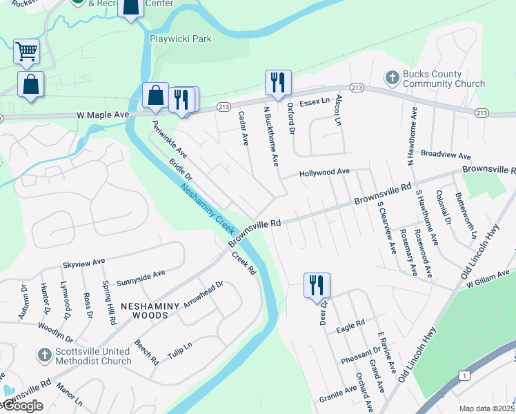 map of restaurants, bars, coffee shops, grocery stores, and more near 219 Wisteria Avenue in Langhorne