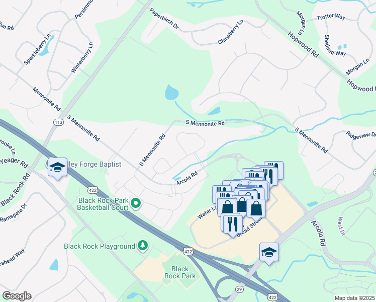 map of restaurants, bars, coffee shops, grocery stores, and more near 3 Iron Hill Way in Collegeville