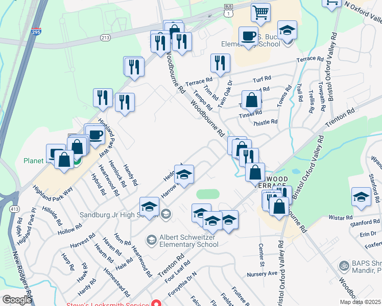 map of restaurants, bars, coffee shops, grocery stores, and more near 99 Hedge Road in Levittown