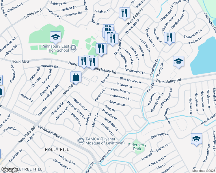 map of restaurants, bars, coffee shops, grocery stores, and more near 84 Black Pine Lane in Levittown
