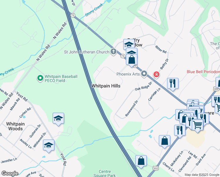 map of restaurants, bars, coffee shops, grocery stores, and more near 1612 Whitpain Hills in Blue Bell