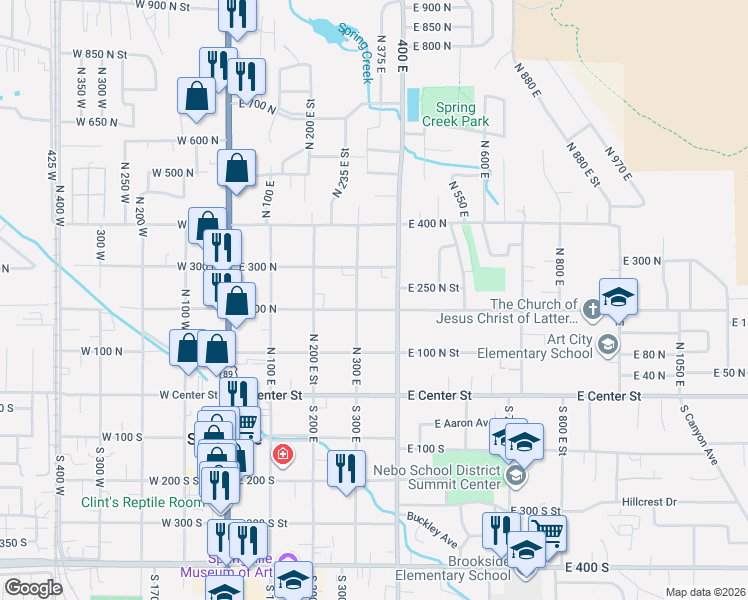 map of restaurants, bars, coffee shops, grocery stores, and more near 333 East 200 North in Springville