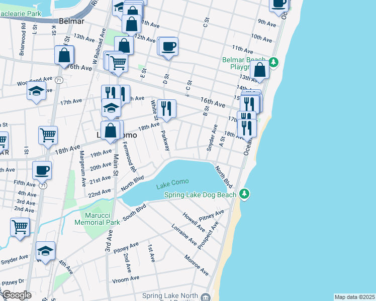map of restaurants, bars, coffee shops, grocery stores, and more near 311 19th Avenue in Belmar
