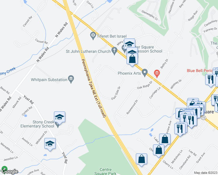 map of restaurants, bars, coffee shops, grocery stores, and more near 1606 Whitpain Hills in Blue Bell