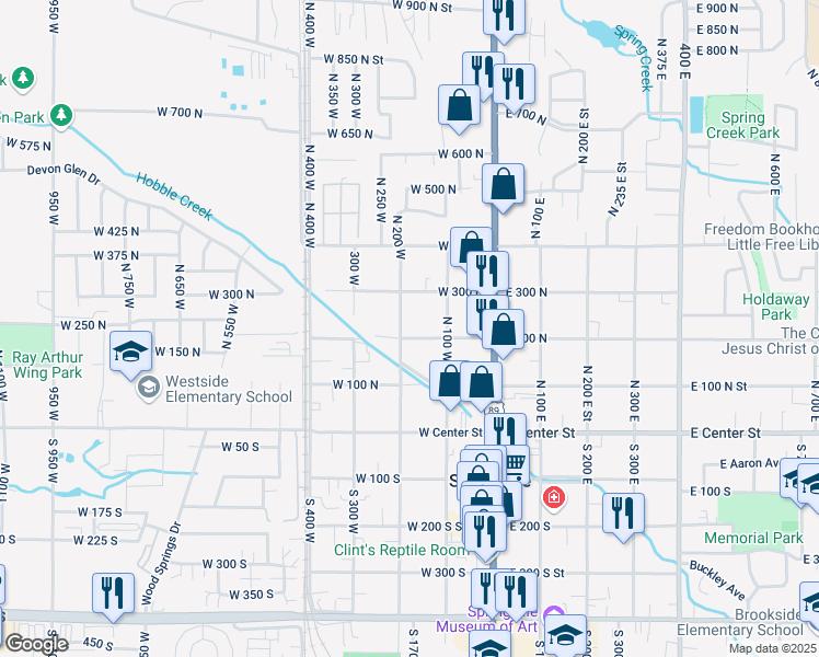map of restaurants, bars, coffee shops, grocery stores, and more near 150 West 200 North Street in Springville