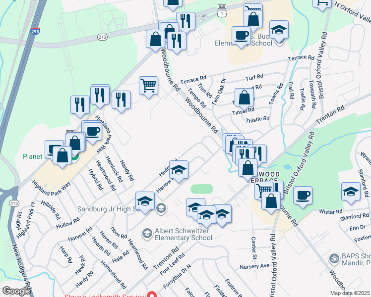 map of restaurants, bars, coffee shops, grocery stores, and more near 99 Hedge Road in Levittown