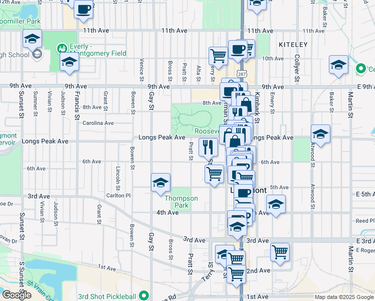 map of restaurants, bars, coffee shops, grocery stores, and more near 623 Pratt Street in Longmont