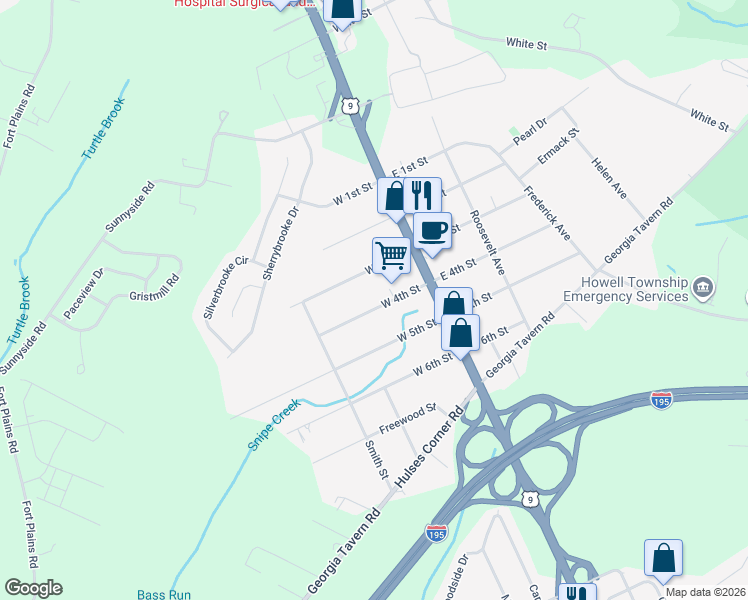 map of restaurants, bars, coffee shops, grocery stores, and more near 120 West 4th Street in Howell Township
