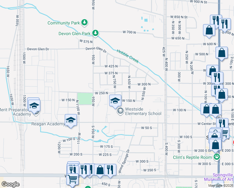 map of restaurants, bars, coffee shops, grocery stores, and more near 248 North 750 West in Springville
